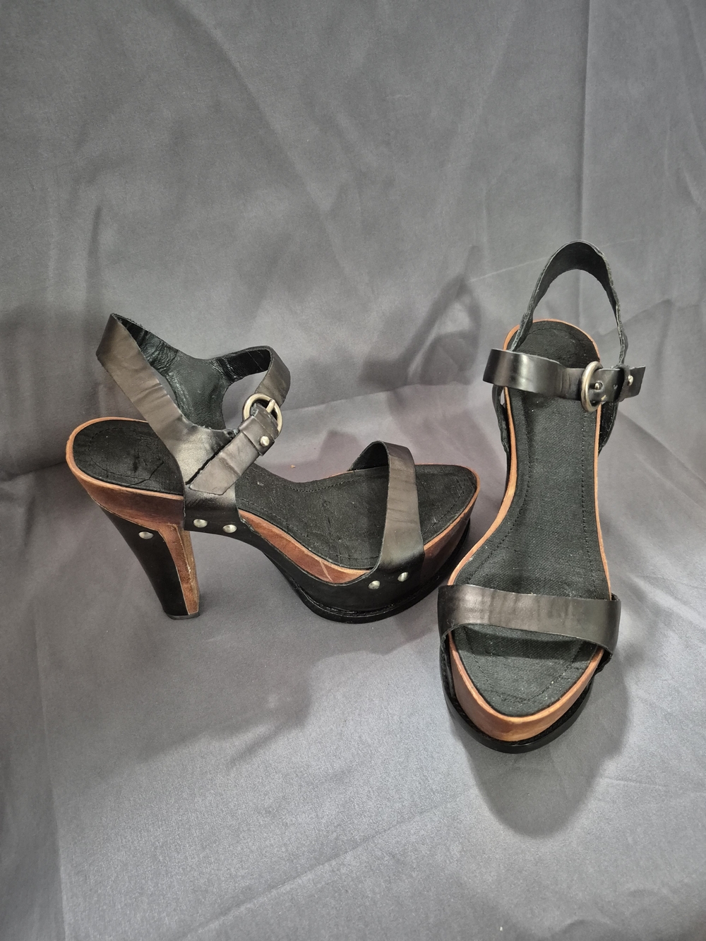 Nine West, Studio 9- Black Leather Platform Heels with Brown Wood Accent
